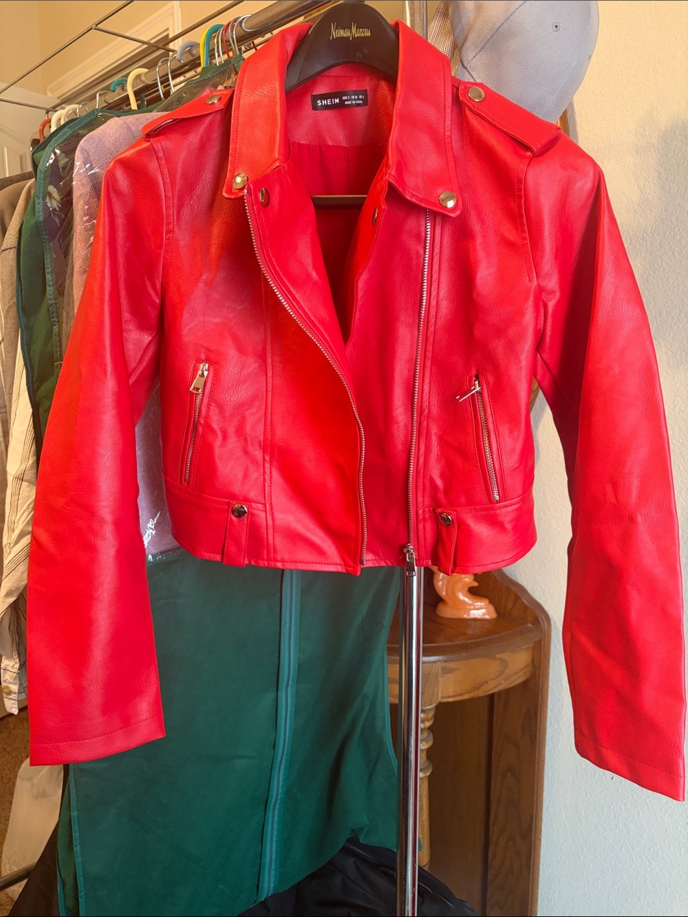 SHEIN Red Faux Leather Moto Jacket with Gold Hardware